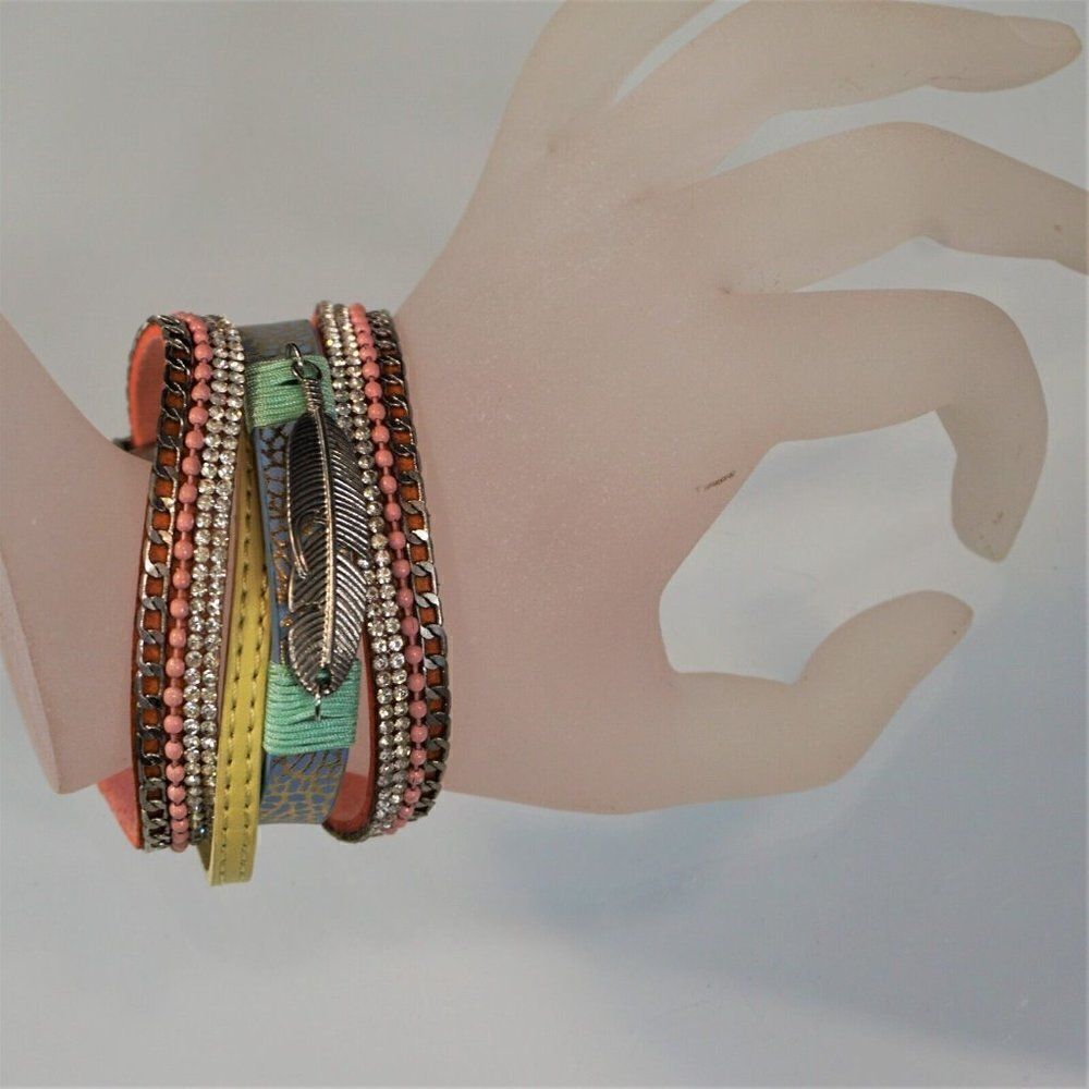 Feather Charm Faux Leather Wrap Bracelet Bling Multi Layer With Magnetic Clasp